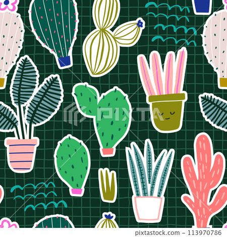 Seamless pattern with cartoon cactuses and plants in pots. Perfect for fabric,textile. Creative Vector background. Seamless pattern with cartoon cactuses and plants in pots. Perfect for fabric,textile. Creative Vector background. 113970786