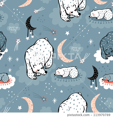 Seamless pattern with cute mom and baby bear on night sky. Creative childish texture. Great for fabric, textile Vector Illustration Seamless pattern with cute mom and baby bear on night sky. Creative childish texture. Great for fabric, textile Vector Illustration 113970789
