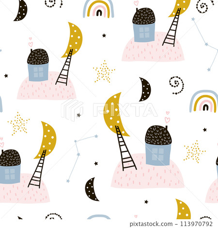 Seamless childish pattern with houses, starry sky, and stairs to the moons. Creative kids texture for fabric, wrapping, textile, wallpaper, apparel. Vector illustration 113970792