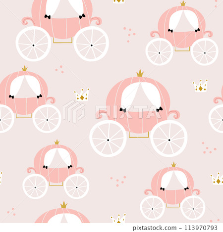 Childish seamless pattern with pink carriage in scandinavian style. Creative vector childish background for fabric, textile 113970793