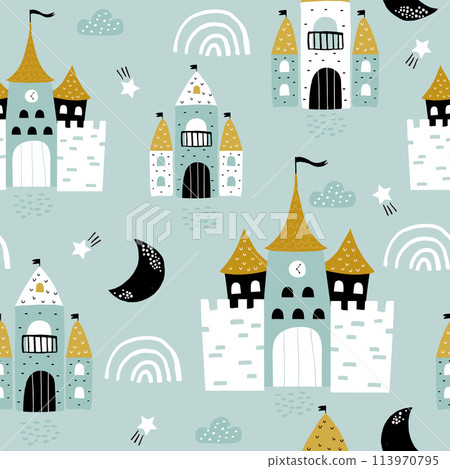 Childish seamless pattern with castle, towers, rainbows in scandinavian style. Creative vector childish background for fabric, textile Childish seamless pattern with castle, towers, rainbows in scandinavian style. Creative vector childish background for fabric, textile 113970795