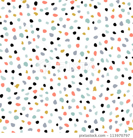 Semless hand drawn pattern with colorful dots. Abstract childish texture for fabric, textile, apparel. Vector illustration Semless hand drawn pattern with colorful dots. Abstract childish texture for fabric, textile, apparel. Vector illustration 113970797