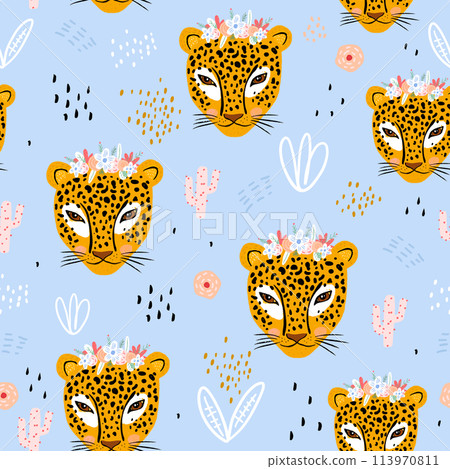 Seamless pattern with cute hand drawn leopard faces. Creative childish jungle background. Perfect for kids apparel,fabric, textile, nursery decoration,wrapping paper.Vector Illustration Seamless pattern with cute hand drawn leopard faces. Creative childish jungle background. Perfect for kids apparel,fabric, textile, nursery decoration,wrapping paper.Vector Illustration 113970811