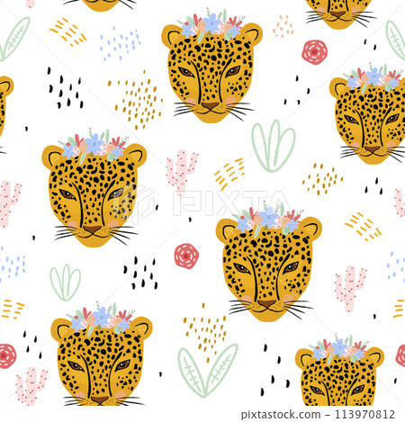 Seamless pattern with cute hand drawn leopard faces. Creative childish jungle background. Perfect for kids apparel,fabric, textile, nursery decoration,wrapping paper.Vector Illustration Seamless pattern with cute hand drawn leopard faces. Creative childish jungle background. Perfect for kids apparel,fabric, textile, nursery decoration,wrapping paper.Vector Illustration 113970812