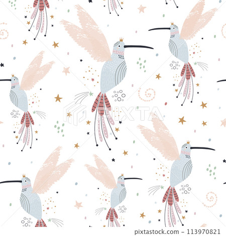 Seamless childish pattern with fairy collibi, stars. Creative scandinavian style kids texture for fabric, wrapping, textile, wallpaper, apparel. Vector illustration Seamless childish pattern with fairy collibi, stars. Creative scandinavian style kids texture for fabric, wrapping, textile, wallpaper, apparel. Vector illustration 113970821
