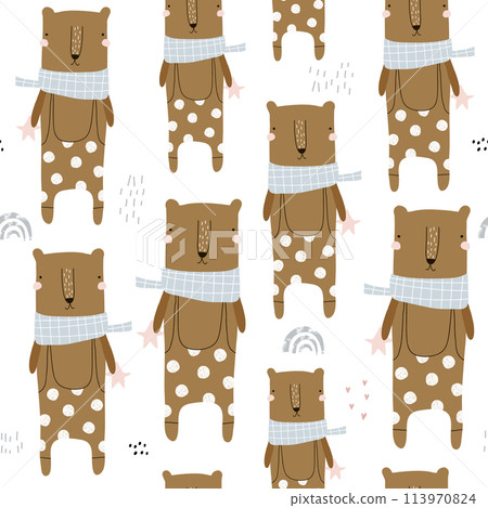 Seamless pattern with funny bears in rompers. Creative childish texture in scandinavian style. Great for fabric, textile Vector Illustration Seamless pattern with funny bears in rompers. Creative childish texture in scandinavian style. Great for fabric, textile Vector Illustration 113970824