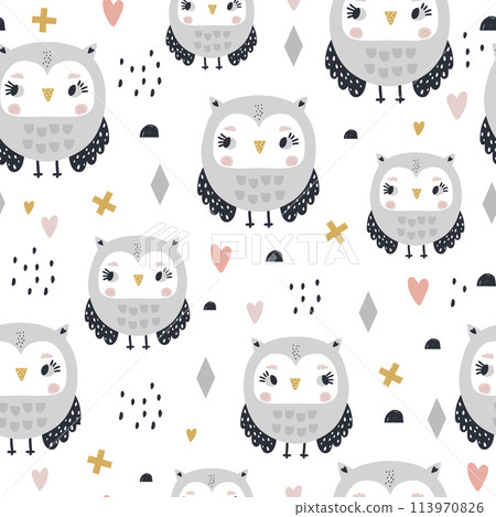 Seamless pattern with cute girls owls. Creative woodland childish texture. Great for fabric, textile Vector Illustration Seamless pattern with cute girls owls. Creative woodland childish texture. Great for fabric, textile Vector Illustration 113970826
