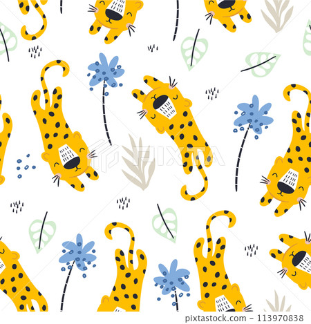Seamless pattern with cute leopards and tropical leaves. Creative childish texture. Great for fabric, textile Vector Illustration Seamless pattern with cute leopards and tropical leaves. Creative childish texture. Great for fabric, textile Vector Illustration 113970838