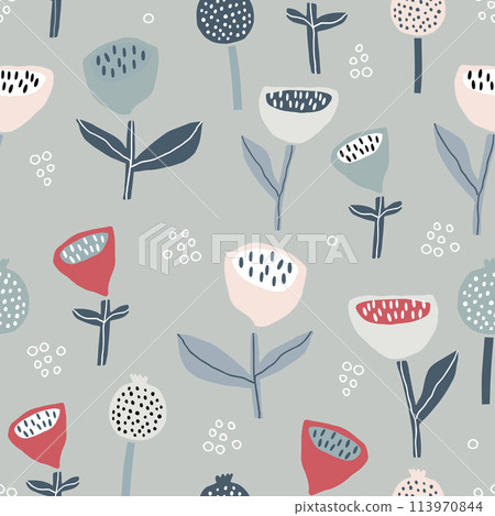 Seamless pattern with flowers inscandinavian style. Creative floral pastel texture. Great for fabric, textile Vector Illustration 113970844