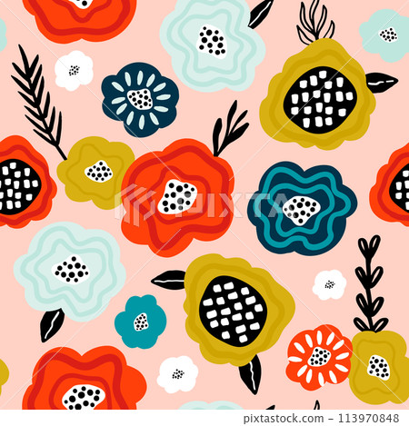 Seamless pattern with creative decorative flowers in scandinavian style. Great for fabric, textile. Vector background Seamless pattern with creative decorative flowers in scandinavian style. Great for fabric, textile. Vector background 113970848
