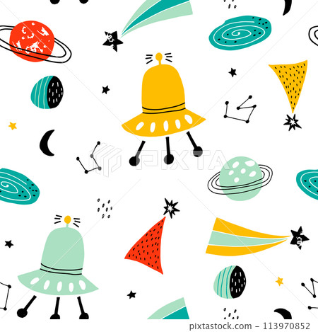 Childish seamless pattern with aliens, ufo in cosmos. Trendy scandinavian vector background. Perfect for kids apparel,fabric, textile, nursery decoration,wrapping paper Childish seamless pattern with aliens, ufo in cosmos. Trendy scandinavian vector background. Perfect for kids apparel,fabric, textile, nursery decoration,wrapping paper 113970852