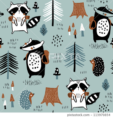 Seamless childish pattern with tourist raccoon with beaver in the forest. Creative kids woodland for fabric, wrapping, textile, wallpaper, apparel. Vector illustration Seamless childish pattern with tourist raccoon with beaver in the forest. Creative kids woodland for fabric, wrapping, textile, wallpaper, apparel. Vector illustration 113970854
