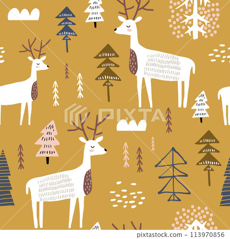 Childish seamless pattern with dears. Trendy scandinavian holiday vector background. Perfect for kids apparel,fabric, textile, nursery decoration,wrapping paper 113970856