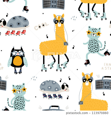 Seamless childish pattern with funny llamas, leopards,owl, turtle on roller skates . Creative scandinavian kids texture for fabric, wrapping, textile, wallpaper, apparel. Vector illustration Seamless childish pattern with funny llamas, leopards,owl, turtle on roller skates . Creative scandinavian kids texture for fabric, wrapping, textile, wallpaper, apparel. Vector illustration 113970860