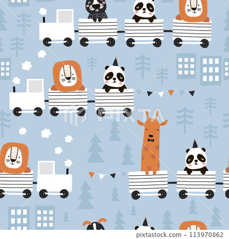 Children s seamless pattern with cute animals riding the train in the Scandinavian style. Creative vector childish background for fabric, textile 113970862