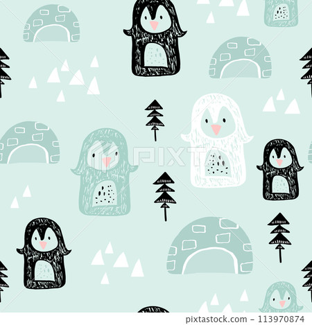Seamless pattern with penguins in antarctica. Creative winter childish texture. Great for fabric, textile Vector Illustration Seamless pattern with penguins in antarctica. Creative winter childish texture. Great for fabric, textile Vector Illustration 113970874