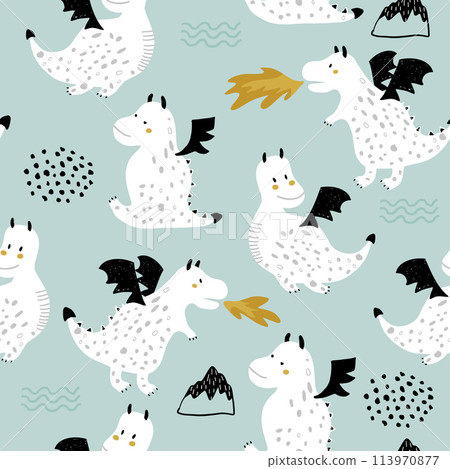 Childish seamless pattern with cute dragons in... - Stock Illustration ...