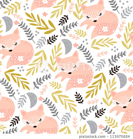 Seamless woodland pattern with sleeping fox and floral elements . Creative kids for fabric, wrapping, textile, wallpaper, apparel. Vector illustration 113970884