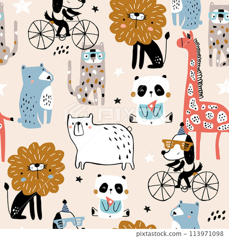 Seamless pattern with cartoon hand drawn bear,giraffe, dog,leopard, lion, panda. Creative childish pink texture. Great for fabric, textile Vector Illustration 113971098