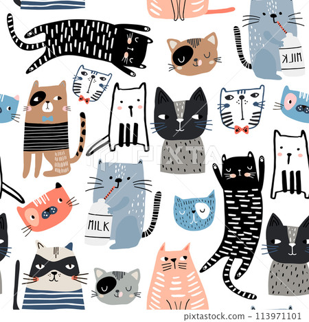 Seamless pattern with different funny hand drawn cats and milk bottle. Creative childish texture. Great for fabric, textile Vector Illustration Seamless pattern with different funny hand drawn cats and milk bottle. Creative childish texture. Great for fabric, textile Vector Illustration 113971101