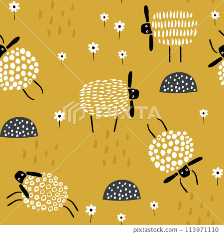 Seamless childish pattern with cute hand drawn sleeping sheeps. Creative scandinavian kids texture for fabric, wrapping, textile, wallpaper, apparel. Vector illustration Seamless childish pattern with cute hand drawn sleeping sheeps. Creative scandinavian kids texture for fabric, wrapping, textile, wallpaper, apparel. Vector illustration 113971110