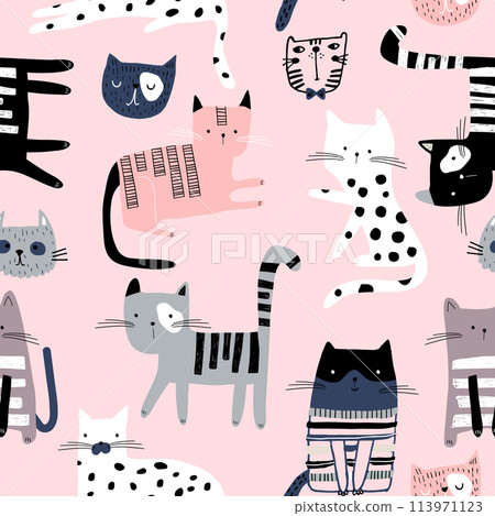 Seamless pattern with cute colorful Kittens. Creative childish pink texture. Great for fabric, textile Vector Illustration Seamless pattern with cute colorful Kittens. Creative childish pink texture. Great for fabric, textile Vector Illustration 113971123
