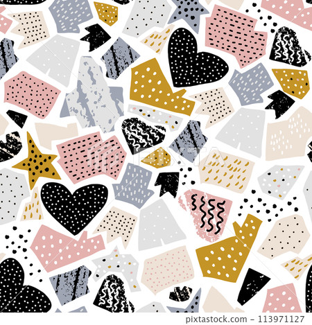 Seamless abstarct pattern with ink drawn shapes and textures. Creative fashion texture. Great for fabric, textile Vector Illustration Seamless abstarct pattern with ink drawn shapes and textures. Creative fashion texture. Great for fabric, textile Vector Illustration 113971127