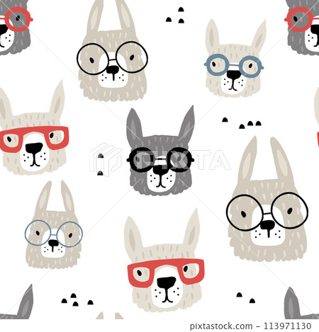 Seamless pattern with funny alpaka in glasses. Creative hand drawn llama childish texture. Great for fabric, textile Vector Illustration Seamless pattern with funny alpaka in glasses. Creative hand drawn llama childish texture. Great for fabric, textile Vector Illustration 113971130
