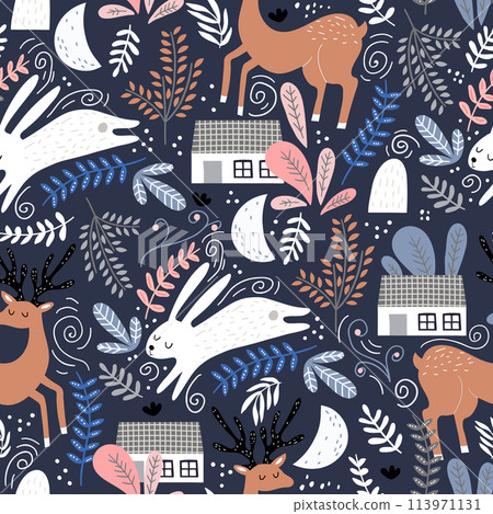 Seamless woodland pattern with deer, bunny and forest house. Creative kids for fabric, wrapping, textile, wallpaper, apparel. Vector illustration Seamless woodland pattern with deer, bunny and forest house. Creative kids for fabric, wrapping, textile, wallpaper, apparel. Vector illustration 113971131