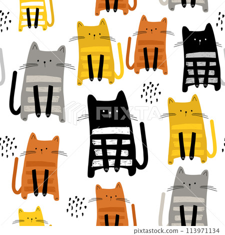 Seamless pattern with cute Kittens in diferent style. Creative childish texture. Great for fabric, textile Vector Illustration Seamless pattern with cute Kittens in diferent style. Creative childish texture. Great for fabric, textile Vector Illustration 113971134