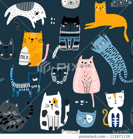 Seamless pattern with cute Kittens in diferent style. Creative childish texture. Great for fabric, textile Vector Illustration 113971139