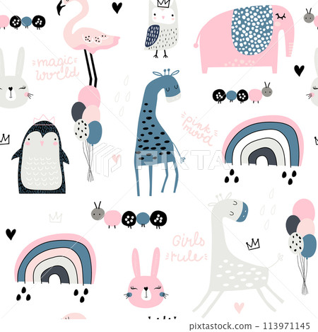 Seamless childish pattern with cute giragge, penguin, rainbow, elephant, bunny, flamingo, owl and textures. Creative kids texture for fabric, wrapping, textile, wallpaper, apparel. Vector illustration 113971145