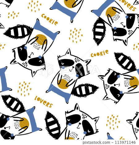 Seamless childish pattern with cute raccoons with cookies. Creative kids monochrome texture for fabric, wrapping, textile, wallpaper, apparel. Vector illustration 113971146