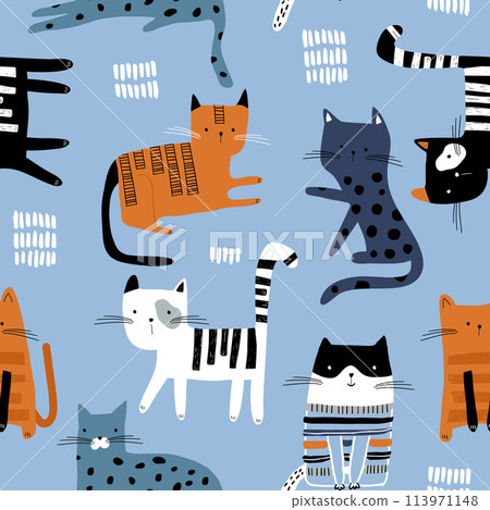 Seamless pattern with cute colorful Kittens. Creative childish texture. Great for fabric, textile Vector Illustration Seamless pattern with cute colorful Kittens. Creative childish texture. Great for fabric, textile Vector Illustration 113971148