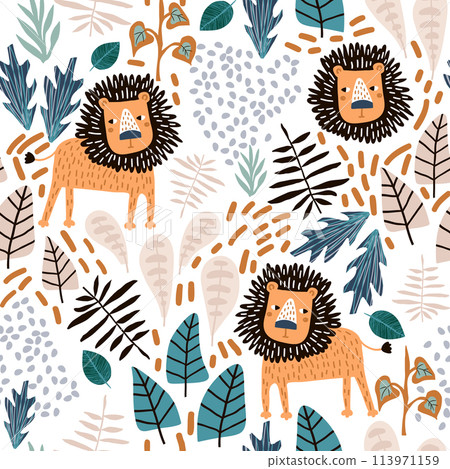 Seamless jungle pattern with lions and tropical elements. Creative kids for fabric, wrapping, textile, wallpaper, apparel. Vector illustration Seamless jungle pattern with lions and tropical elements. Creative kids for fabric, wrapping, textile, wallpaper, apparel. Vector illustration 113971159