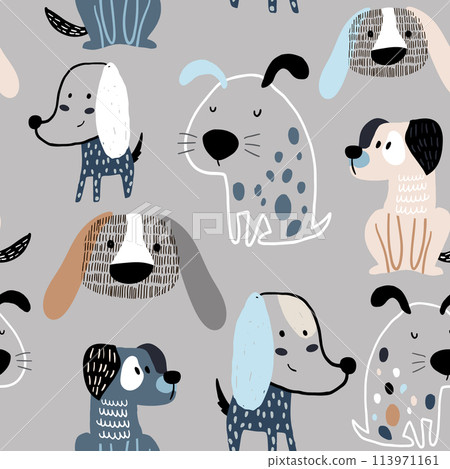 Childish seamless pattern with funny creative dogs. Trendy scandinavian vector background. Perfect for kids apparel,fabric, textile, nursery decoration,wrapping paper 113971161