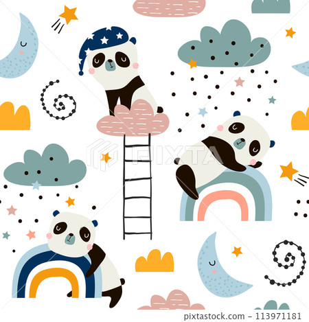 Seamless pattern with cute sleeping pandas, moon, rainbows, clouds. Creative good night background. Perfect for kids apparel,fabric, textile, nursery decoration,wrapping paper.Vector Illustration Seamless pattern with cute sleeping pandas, moon, rainbows, clouds. Creative good night background. Perfect for kids apparel,fabric, textile, nursery decoration,wrapping paper.Vector Illustration 113971181