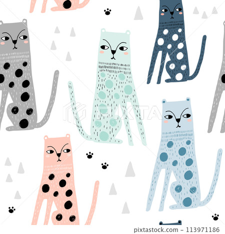 Seamless childish pattern with funny leopards. Creative scandinavian kids texture for fabric, wrapping, textile, wallpaper, apparel. Vector illustration 113971186