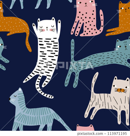 Seamless pattern with cute colorful cats. Creative childish texture. Great for fabric, textile Vector Illustration Seamless pattern with cute colorful cats. Creative childish texture. Great for fabric, textile Vector Illustration 113971195