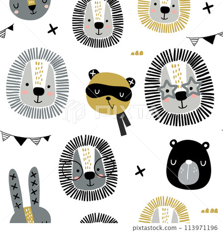 Seamless childish pattern with stylish monochrome animals . Creative scandinavian kids texture for fabric, wrapping, textile, wallpaper, apparel. Vector illustration Seamless childish pattern with stylish monochrome animals . Creative scandinavian kids texture for fabric, wrapping, textile, wallpaper, apparel. Vector illustration 113971196