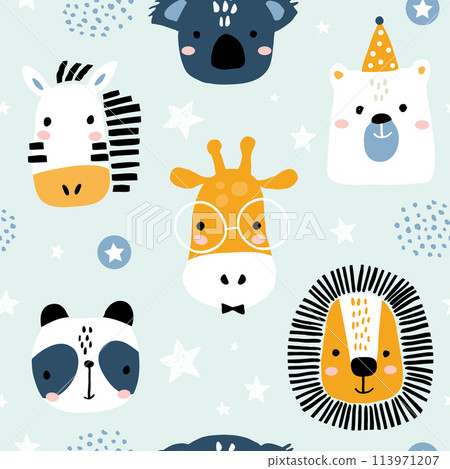 Seamless childish pattern with funny animals faces . Creative scandinavian kids texture for fabric, wrapping, textile, wallpaper, apparel. Vector illustration 113971207