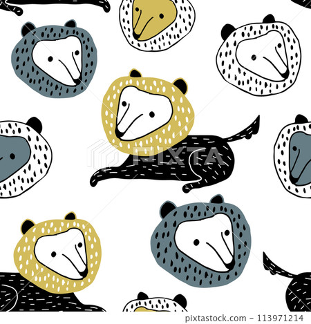 Seamless childish pattern with cute cartoon wolfs. Creative kids texture for fabric, wrapping, textile, wallpaper, apparel. Vector illustration 113971214
