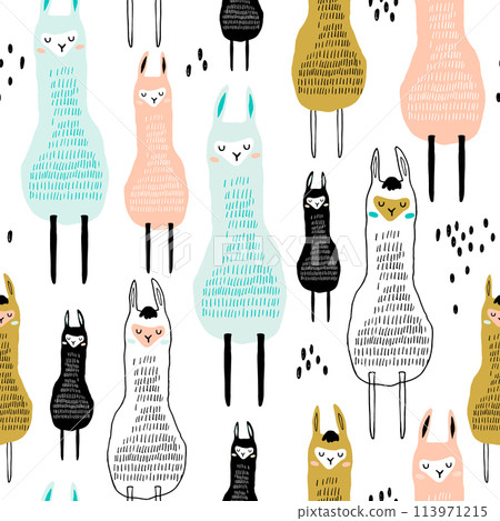 Seamless pattern with funny alpaka. Creative hand drawn llama childish texture. Great for fabric, textile Vector Illustration 113971215