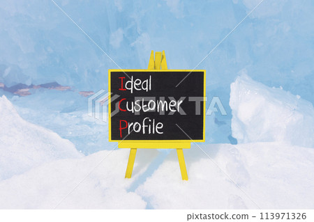 ICP ideal customer profile symbol. Concept words ICP ideal customer profile on beautiful yellow blackboard. Beautiful blue ice background. Business ICP ideal customer profile concept. Copy space. 113971326