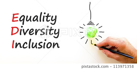 EDI equality diversity inclusion symbol. Concept words EDI equality diversity inclusion on white paper. Beautiful white background. Business EDI equality diversity inclusion concept. Copy space. EDI equality diversity inclusion symbol. Concept words EDI equality diversity inclusion on white paper. Beautiful white background. Business EDI equality diversity inclusion concept. Copy space. 113971358