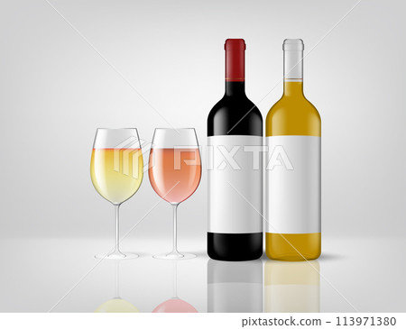 Three glass bottles of alcoholic beverage and two elegant glasses of wine 113971380