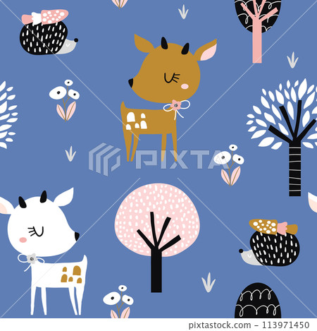 Seamless childish pattern with cute deer, hedgehog in the wood. Creative kids city texture for fabric, wrapping, textile, wallpaper, apparel. Vector illustration Seamless childish pattern with cute deer, hedgehog in the wood. Creative kids city texture for fabric, wrapping, textile, wallpaper, apparel. Vector illustration 113971450