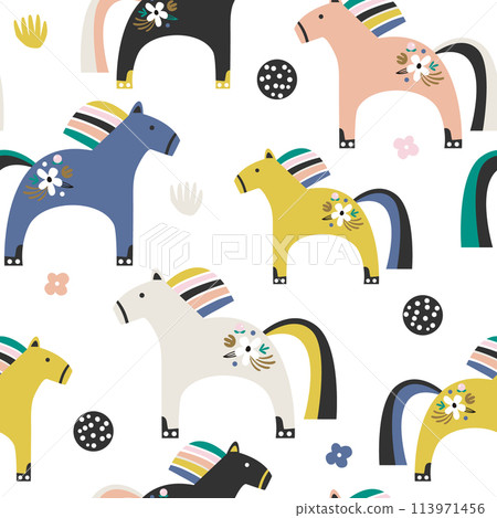 Seamless pattern with decorative wooden toy horse. Creative scandinavian style childish texture. Great for fabric, textile Vector Illustration Seamless pattern with decorative wooden toy horse. Creative scandinavian style childish texture. Great for fabric, textile Vector Illustration 113971456