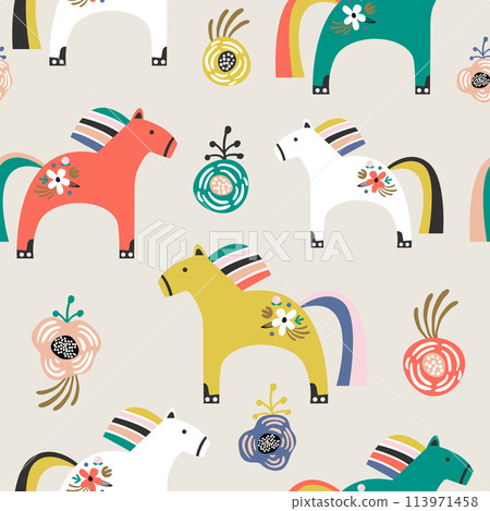 Seamless pattern with decorative wooden toy horse and flowers. Creative scandinavian style childish texture. Great for fabric, textile Vector Illustration Seamless pattern with decorative wooden toy horse and flowers. Creative scandinavian style childish texture. Great for fabric, textile Vector Illustration 113971458