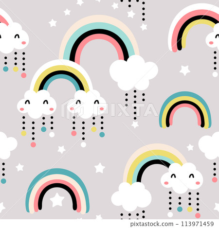 Seamless childish pattern with cute rainbow, stars, clouds.Creative scandinavian kids texture for fabric, wrapping, textile, wallpaper, apparel. Vector illustration Seamless childish pattern with cute rainbow, stars, clouds.Creative scandinavian kids texture for fabric, wrapping, textile, wallpaper, apparel. Vector illustration 113971459